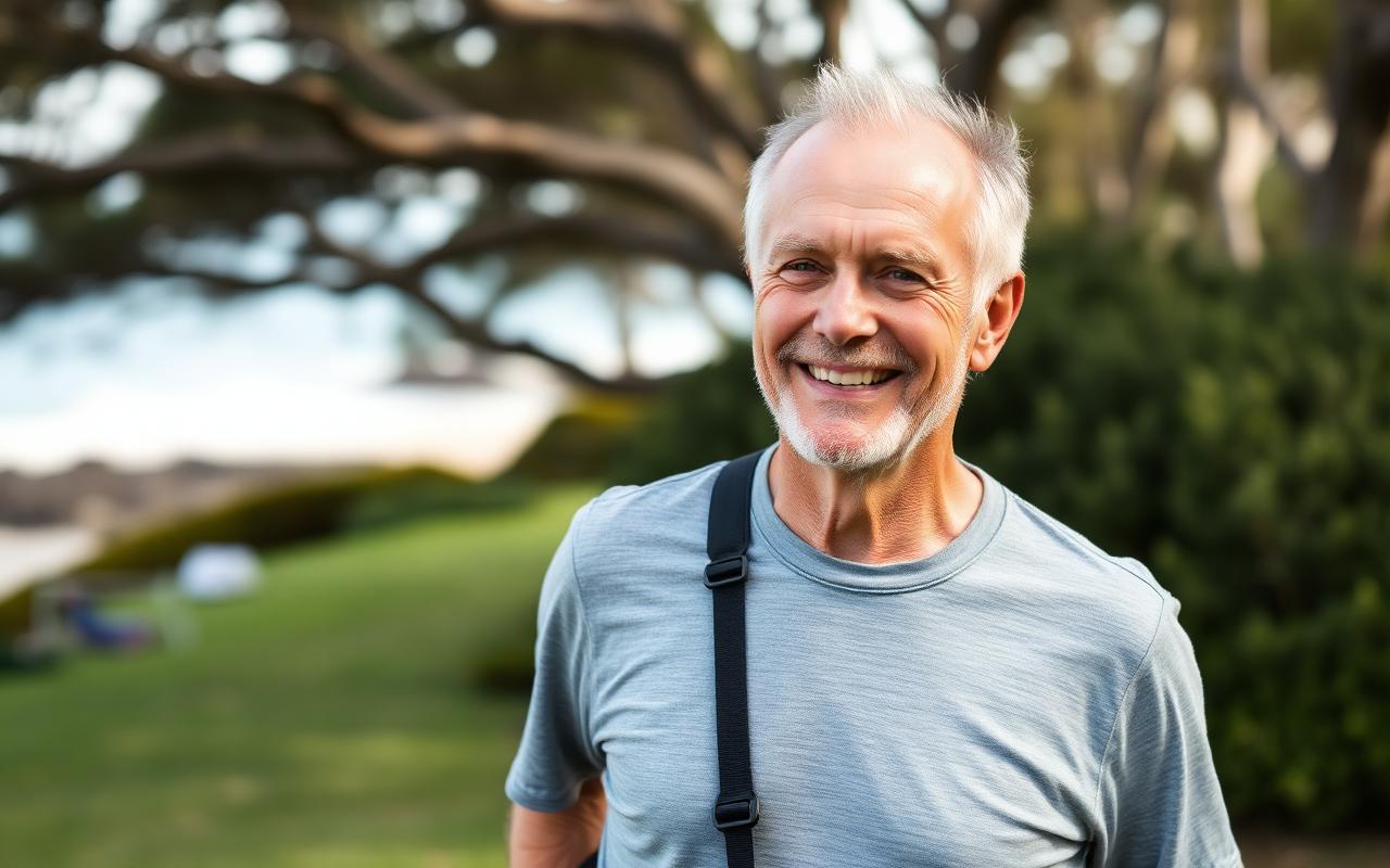 Australian man in his sixties walking outdoors in a coastal park